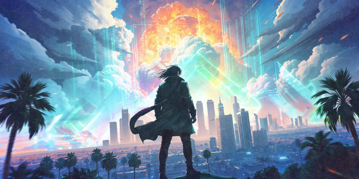Isekai-inspired-sci-fi-digital-painting-in-the-style-of-80s-90s-anime,-depicting-a-dynamic-explosion-over-the-Los-Angeles-skyline-with-palm-tre